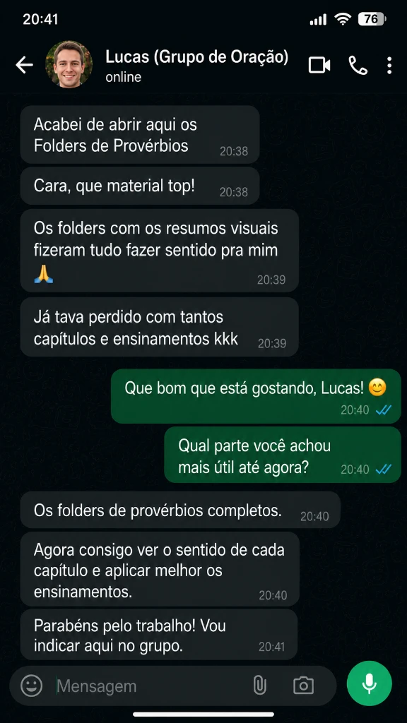 Feedback via WhatsApp de Lucas (Grupo de Oração) sobre os Folders de Provérbios
