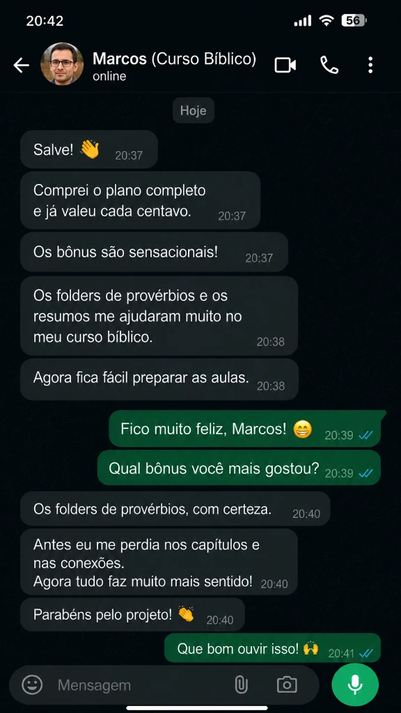Feedback via WhatsApp de Marcos (Curso Bíblico) sobre o Plano Completo de Provérbios