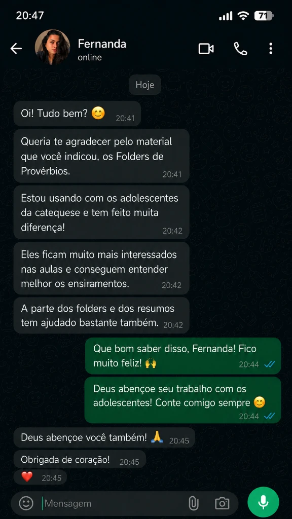 Feedback via WhatsApp de Fernanda sobre o uso dos Folders de Provérbios